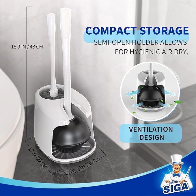 MR.SIGA Toilet Plunger and Bowl Brush with Holder Heavy Duty Toilet Brush and Plunger Set for Bathroom Cleaning White 1 Set