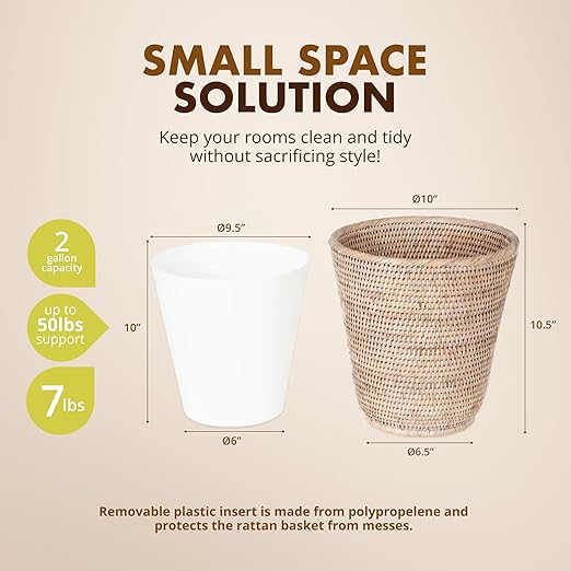 KOUBOO La Jolla Rattan Wastebasket with Plastic Insert Handmade Trash Can Small Wastebasket Bedroom Bathroom Vanity RV Dorm White Wash