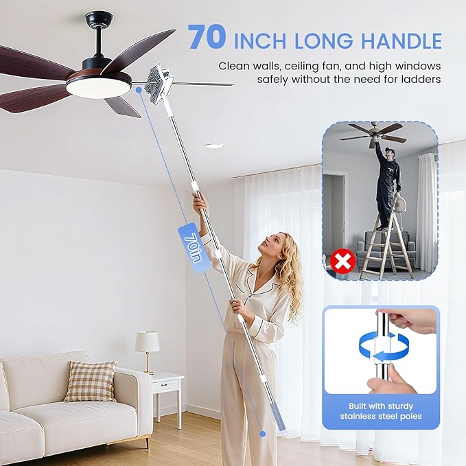 Ceiling Fan Cleaner Duster with 80'' Extendable Long Handle Pole - Microfiber Chenille Pads for Blades Baseboards Walls Floors Blinds &amp Cobwebs - Reusable &amp Washable