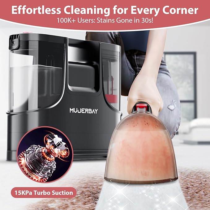 Upholstery Carpet Cleaner MUJERBAY 15Kpa Portable Spot and Stain Cleaner Shampooer Easy Move with Handle 1.5-inch Deep Cleaning Machine for Couch Stairs Car and Pet Messes.