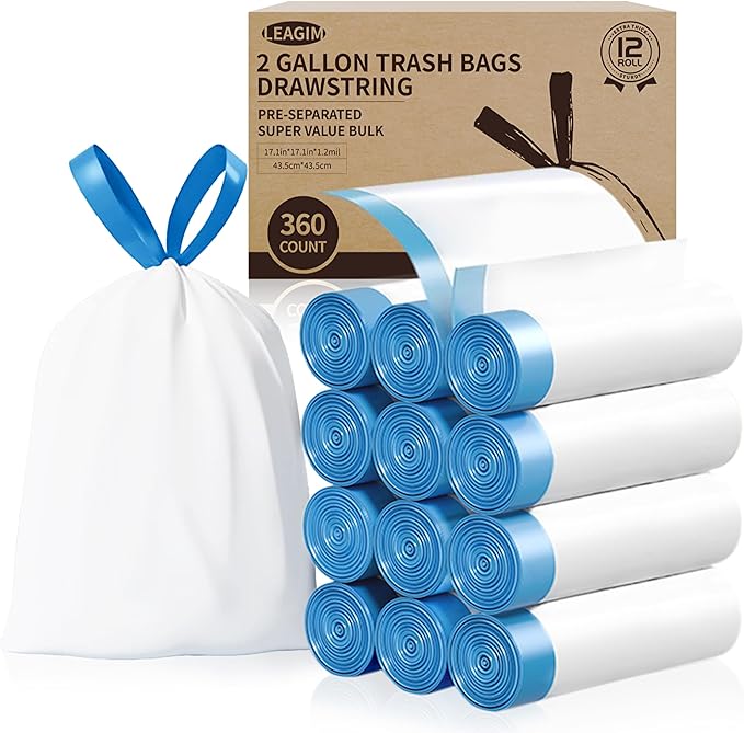 Small Trash Bags 2 Gallon 360 Count -1.2 Mil Drawstring Mini Garbage Bags White Plastic Trash Can Liners for Bathroom Accessories 7.5 Liter Bedroom Dorm Room Essentials Office