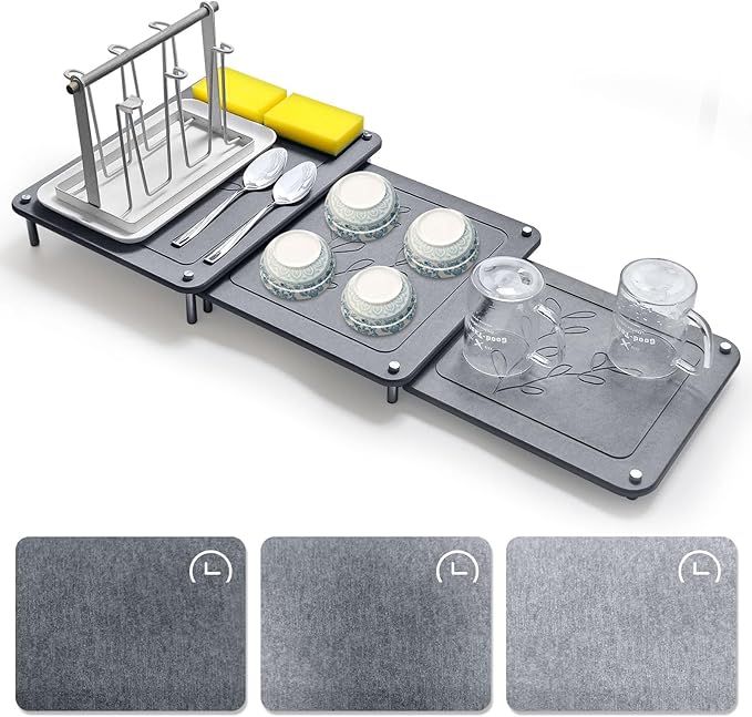 3Pcs Nesting Stone Drying Mat for Kitchen Counter Quick Drying Dish Drying Mat with Non-Slip Feet Super Absorbent Heat Resistant Diatomaceous Earth Dish Drying Mat for Dishes Bottles Cups-Leaf
