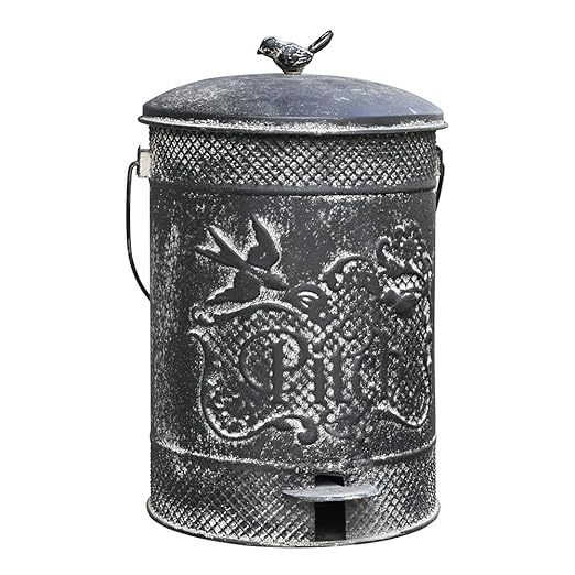 Farmhouse Garbage Can with Lid Indoor Outdoor Trash Can with Embossed Bird and Flowers PatternMetal Retro Kitchen Trash Can with Lid for Kitchen Room and Garden Decor (Black)