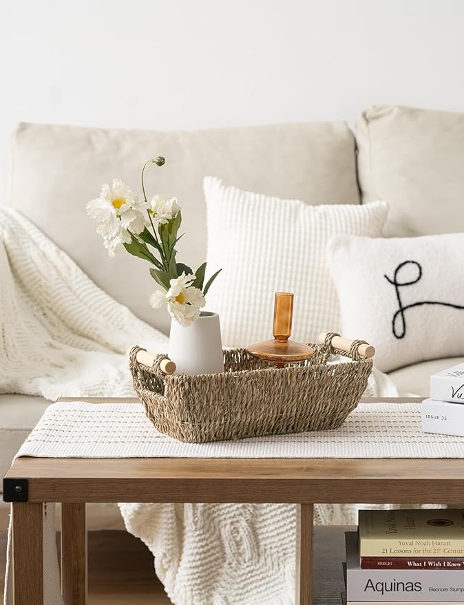 StorageWorks Small Baskets for Shelf Seagrass Woven Basket with Wooden Handles for Gifts 2-Pack