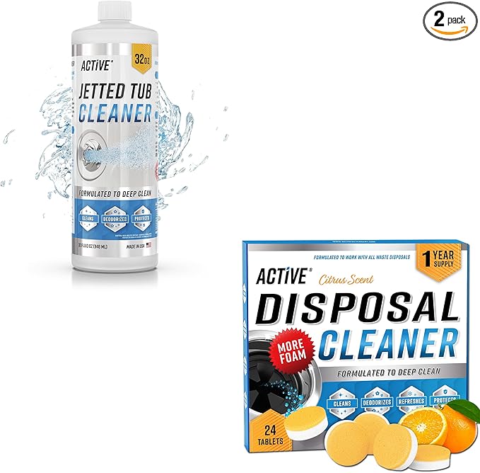 ACTIVE Jetted Tub Cleaner and Disposal Cleaner - Includes 32oz Jet Bath Tub Solution and 24ct of Garbage Disposal Cleaning Tablets