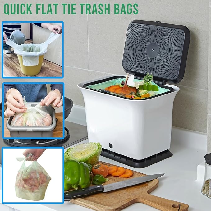 1-2 Gallon Flap Tie Compostable Trash Bags 300 Count Small Compost Bags Biodegradable Kitchen Garbage Bags Food Scrap Waste Bags for Countertop Bin ASTM D6400 US BPI Certified
