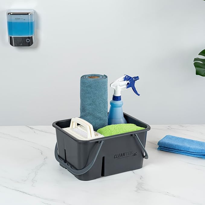 Restaurantware-Clean Tek Professional Cleaning Caddy 1 Cleaning Supply Caddy With Handle - 4 Compartment Multipurpose Gray Plastic All-Purpose For Bathroom Bedroom Kitchen Or Garden