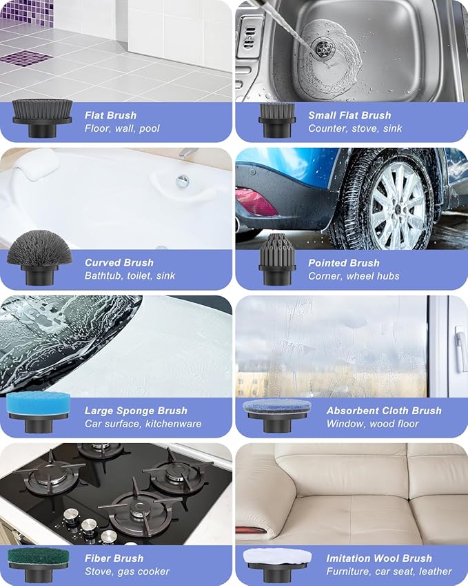 Electric Spin Scrubber [IPX8 Waterproof ] [50KG Torque] Shower Scrubber with 9 Brush Heads 2 Speed Mode 4 Adjustable Angles Electric Brush for Cleaning for Bathroom Floor Tile (Gray)