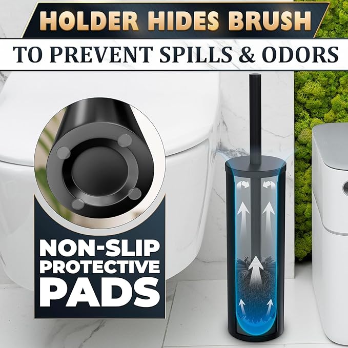 2 PCS Black Toilet Brush and Holder Set - Scratch Resistant Black Toilet Bowl Brush and Holder with Soft Bristles Replaceable Head Protection from Splashes and Compact Design - for Cleaning