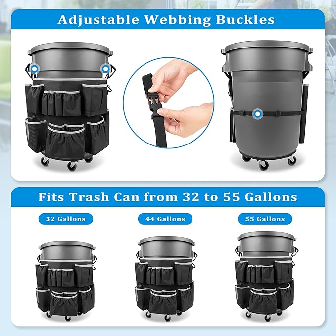 Trash Can Caddy Bag Fit 32-55 Gallon Garbage Bin Cleaning Caddy Bag with Adjustable Buckle for Industrial Trash Can 13 Pockets Cleaning Tool Organizer for Cleaning Supplies Gray Edge