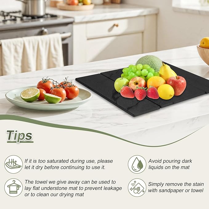 Dish Drying Mat Large Stone Dish Drying Mat For Kitchen Counter Collapsible Quick-Drying Sleek Diatomaceous Versatile Stone Drying Mats For Cups Dishes Bottles Marble (black 16×19)