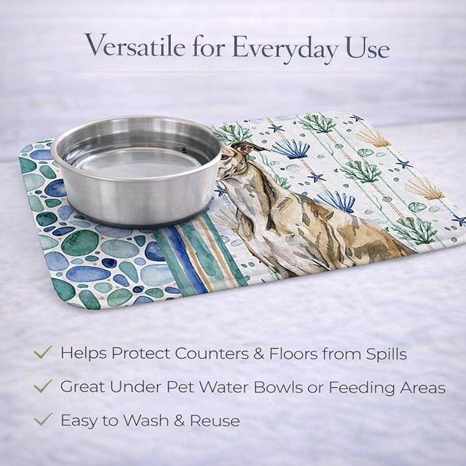 Caroline's Treasures Brindle Whippet Coastal Sea Glass Dish Drying Mat Absorbent Dish Drying Mat Pad for Kitchen Counter Dish Drainer Mat for Countertop 14 x 21 Multicolor