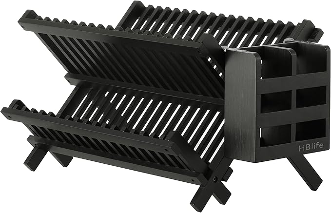 HBlife Dish Rack Black Bamboo Folding 2-Tier Collapsible Drainer Dish Drying Rack with Utensils Flatware Holder Set (Dish Rack with Utensil Holder)