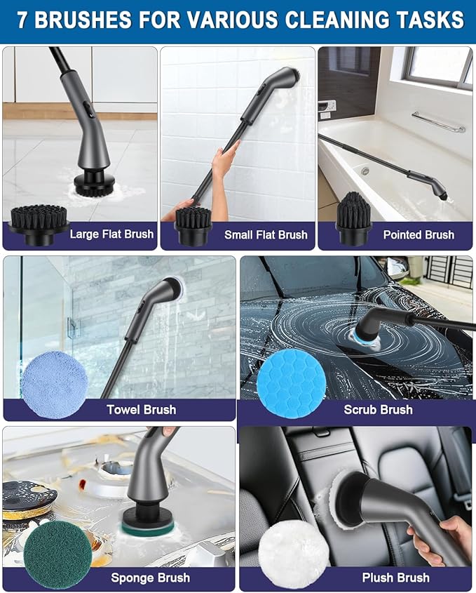 Electric Spin Scrubber -[Upgraded Version] [IPX7 Waterproof] Bathroom Scrubber Electric with 7 Brush Heads 2 Speed 400 RPM Power Scrubber with Detachable Long Handle for Bathroom Home