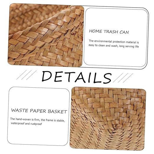 Alipis Straw Woven Wastebasket Medium Decorative Garbage Can for Office Bedroom Handmade Rubbish Container with Smooth Edges Multi Use Storage Basket for Waste Paper and Random Color