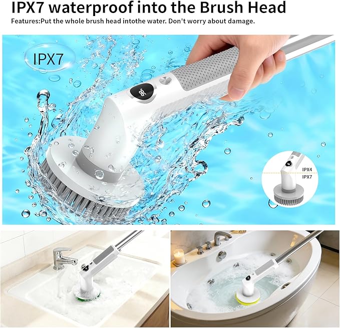 Electric Spin Scrubber Cordless 20W High-Torque Cleaning Brush Scrubber IPX7 Waterproof Electric Scrubber with Dual Speed for Kitchen Bathroom (S8)