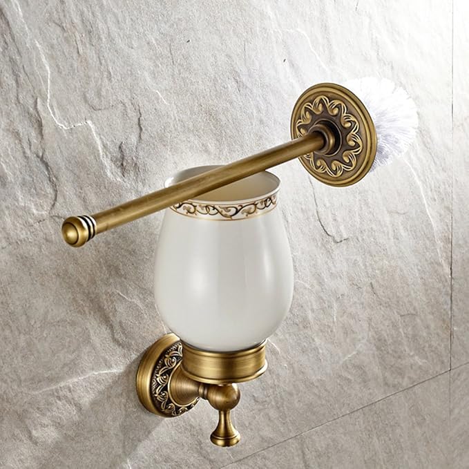 Leyden Antique Brass Toilet Brush Holder Retro Toilet Brush Organizer with Ceramic Cup