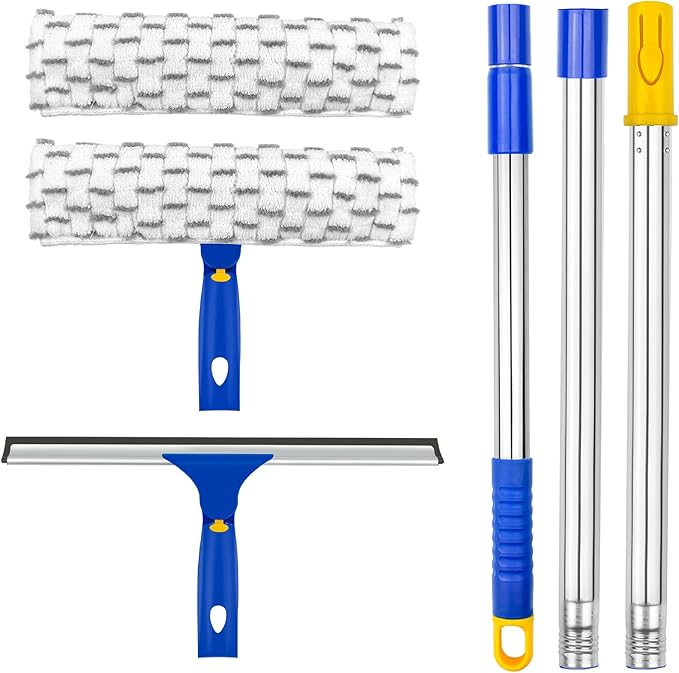 ITTAHO Squeegee for Window Cleaning12 Squeegee and 11 Microfiber Scrubber Combi with Stainless Steel PoleExtendable Window Cleaner for CarSliding DoorShower Glass Door-Swivel Style-2 Pads