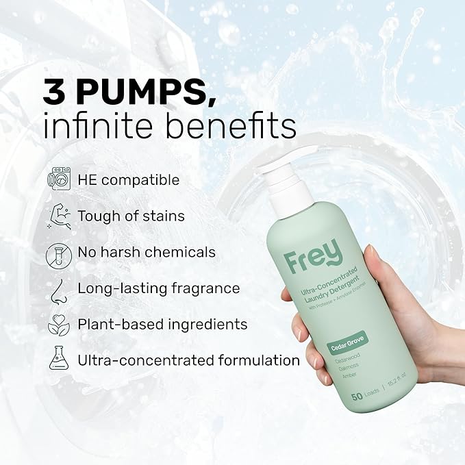 FREY Concentrated Liquid Laundry Detergent | Formulated for Sensitive Skin &amp HE Washers | Removes Stains Effectively | 50 Loads per Bottle (Cedar Grove &amp Bergamot Beach)