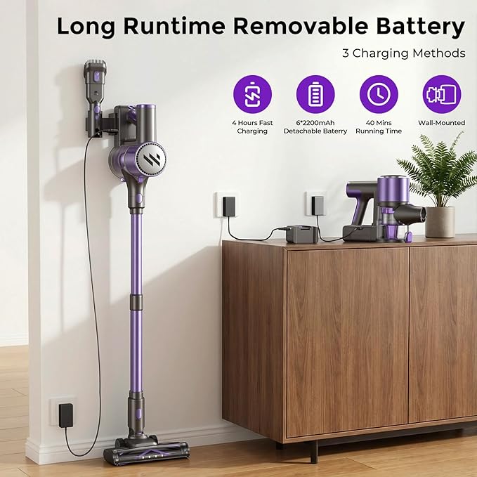 Cordless Vacuum CleanerVacuum Cleaner for Home with Brushless MotorLightweight Stick Vacuum with Self-Standing and Touch ScreenHardwood Floor Vacuum for Pet HairCarpetsTile(Light Purple)