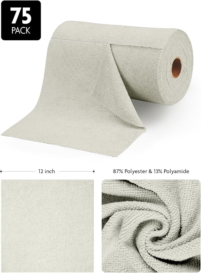 Fantasticlean Microfiber Cleaning Cloth Roll -75 Pack Tear Away Microfiber Towels 12 x 12 Reusable Washable Scratch Free Ultra Absorbent Dishcloth for All-Around Cleaning Supplies (Cool Grey)
