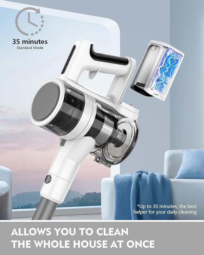 Cordless Vacuums 80000PRM Powerful Motor Vacuum Cleaner and 2200mAH Rechargeable Battery up to 35 Mins Worktime 2 Adjustable Modes Detachable Parts Wireless Stick Vacuum (Frost White)
