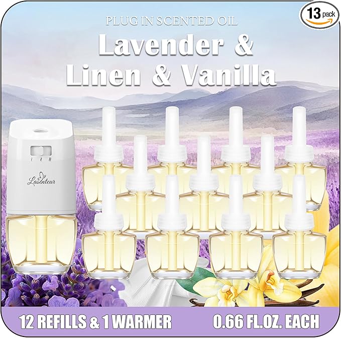 Plug In Air Fresheners for Home – 12 Pack Scented Refills with 1 Plug In Warmer – Linen Lavender Vanilla Long Lasting Fresh Air Freshener Odor Eliminator for Bathroom Room House