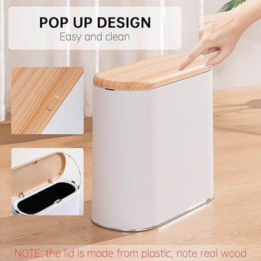 Small Bathroom Trash Can with Lid 10L/2.6 Gal Slim Wastebasket - Odor &amp Pet Proof Inner Bucket &amp Wood Grain Top Plastic White Garbage Can for Kitchen Bedroom Living Room Office RV