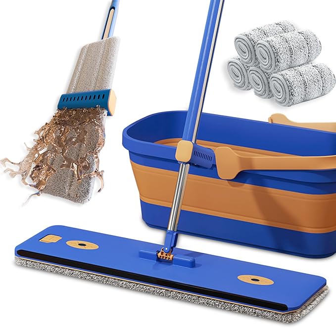 16.5 Self Wringing Flat Mop and Bucket Set 55 Long Handle Microfiber Mop for Floor and Wall Cleaning Hands-Free Wet &amp Dry Mop with Squeegee 5 Replacement Pads &amp Collapsible Bucket
