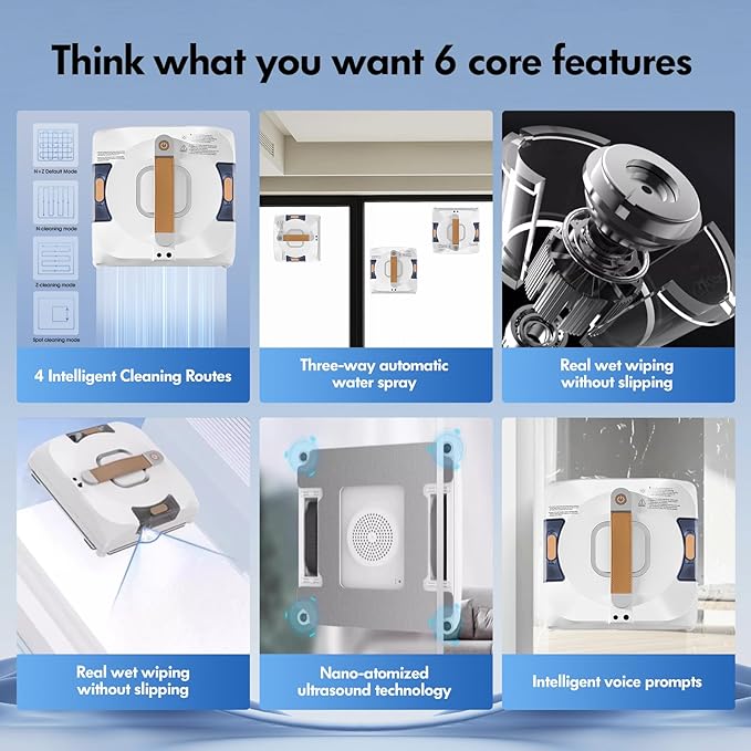 Window Cleaning Robot Automatic Window Cleaner Robot Double-Sided Spray Water 3500Pa Suction Power 110ml Tank Intelligent Path Planning 4 Cleaning Modes (YW703-White)