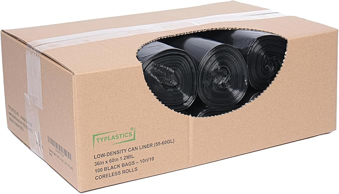 TYPLASTICS Heavy Duty 55-60 Gallon Trash Can Liners 36 x 60 1.2Mil Black Garbage Bags Multipurpose for Lawn Leaf Yard Office Outdoor Gardening Commercial and Industrial - Boxes of 100