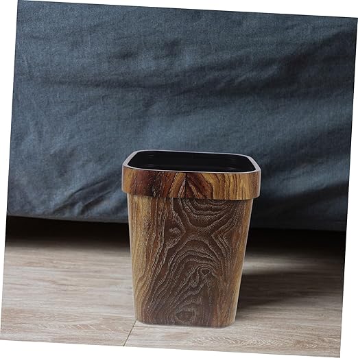 Square Trash Can with Faux Wood Grain Lidless Plastic Wastebasket with Removable Press Ring for Office Bedroom Kitchen Space-Saving Reusable Garbage Bin for Home and Farmhouse