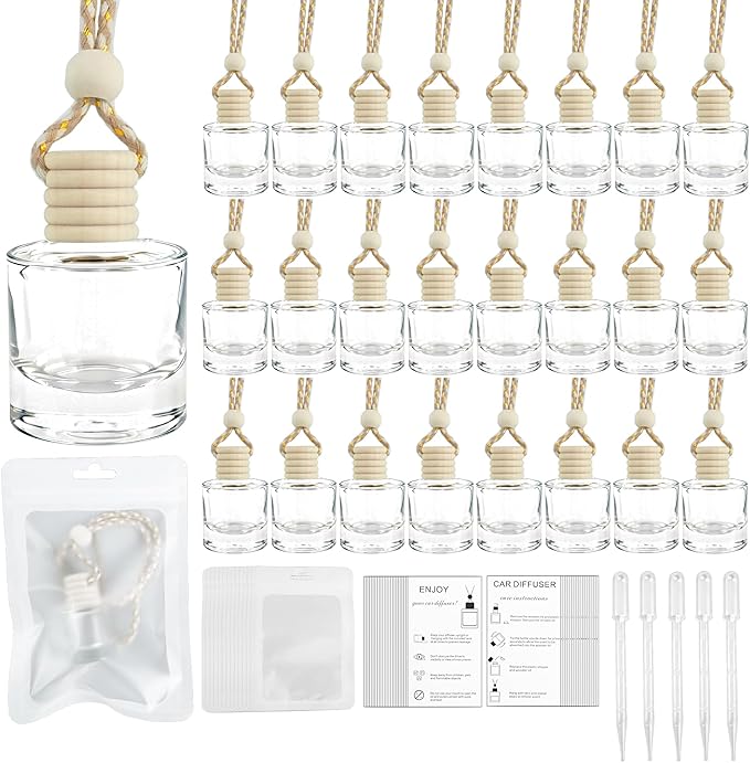 110 Sets Hanging Car Air Freshener Diffuser Bottles with Instruction Card Droppers and 4 x 6'' Resealable Holographic Bag Empty Car Essential Oil Perfume Bottles for Aromatherapy(Cylinder)