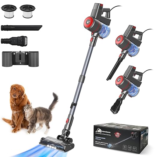 Intercleaner Corded Vacuum Cleaner 20KPa Powerful Suction with 600W Motor Electric Floor Brush 4 in 1 Lightweight Bagless Stick Vac with Handheld for Hardwood Floor Carpet Car Pet Hair