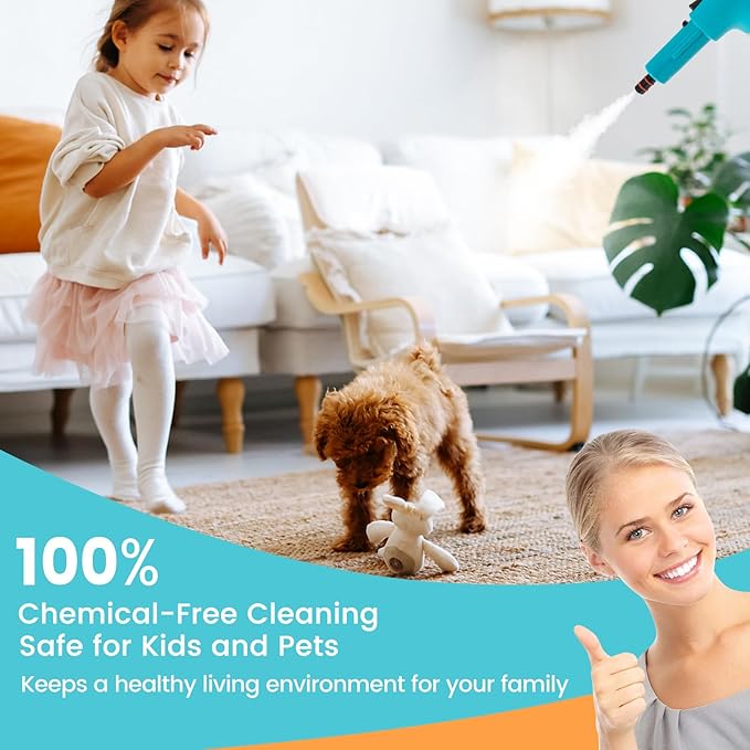 Handheld Steam Cleaner 1400W Pressurized Steamer with 17 Pieces Accessory Set &amp Child Lock Multipurpose Portable Steam Mop for Home Use Floors Windows Cars Sofas (Blue)