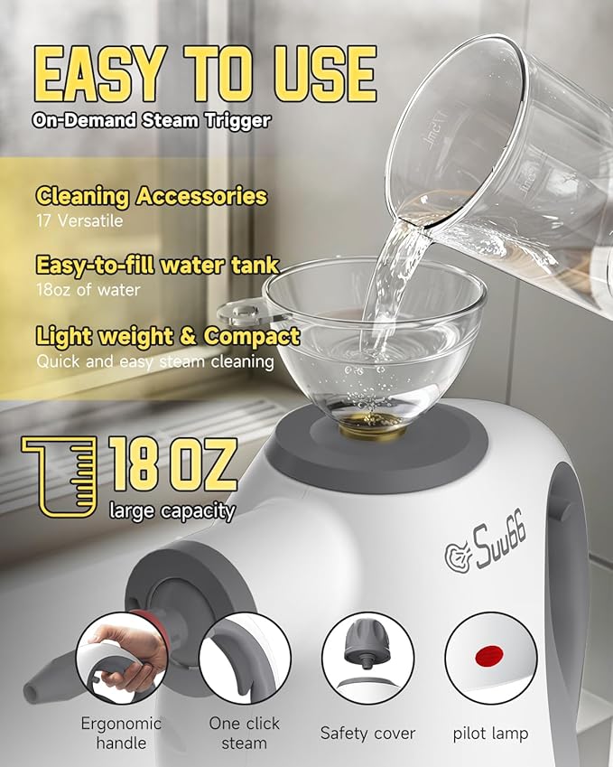 Handheld Steam Cleaner with Safety Lock 500mL Large Tank &amp 19PCS Accessories - Multi-Surface Deep Cleaning for Kitchen Bathroom Car Sofa - Removes Stubborn Grime Sanitizes Surfaces (White)