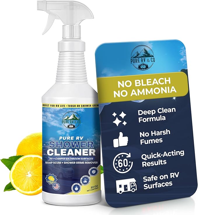 RV Shower Cleaner for Removing Hard Water Marks Soap Scum Stains Bleach and Ammonia-Free Formula Safe for Plastic &amp Fiberglass Low Odor Formula with Citrus Scent (32 oz)