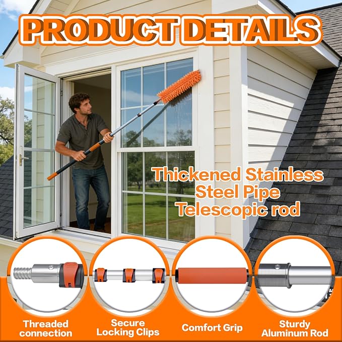 20FT High Reach Duster Cleaning Kit with 3-12 FTExtension Pole High Ceiling Fan Cleaner Duster Tool for Fan Blades Extendable Reusable Cobweb Feather Window Cleaning Squeegee Kit (12FT)