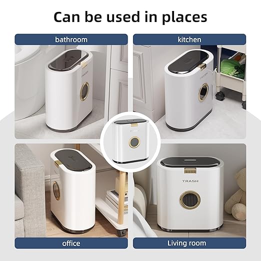 Bathroom Trash can with lid 3.4 gallon/13 Liter Ultra-Thin Plastic Trash can Press flip lid Sealed Suitable for Kitchen Bedroom Office Laundry Room Toilet RV (White)