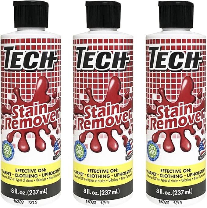 TECH Multi-Purpose Stain Remover | For Carpet Clothes Baby Furniture Pet Laundry Rug Stains | Red Wine Blood Coffee Armpit Stain Remover All-In-One Solution | (3 Pack of 8oz Bottles)