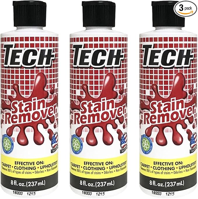 TECH Multi-Purpose Stain Remover | For Carpet Clothes Baby Furniture Pet Laundry Rug Stains | Red Wine Blood Coffee Armpit Stain Remover All-In-One Solution | (3 Pack of 8oz Bottles)