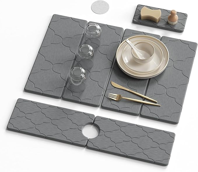 3 PCS Large Stone Dish Drying Mat for Kitchen Counter -24x16 Absorbent Diatomaceous Earth Mat with Stone Faucet Mat &amp Soap Tray - Quick Dry Collapsible Non-Slip Countertop Organizer