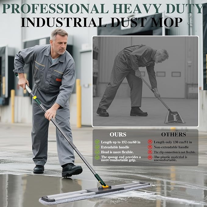 36 Commercial Mop Masthome Heavy Duty Industrial Mop for Floor CleaningCommercial Dust Mop with 3 Reusable Pads60”Long Handle Wet Dry Flat Mops for Hardwood Floors Marble Laminate Tile(Green)
