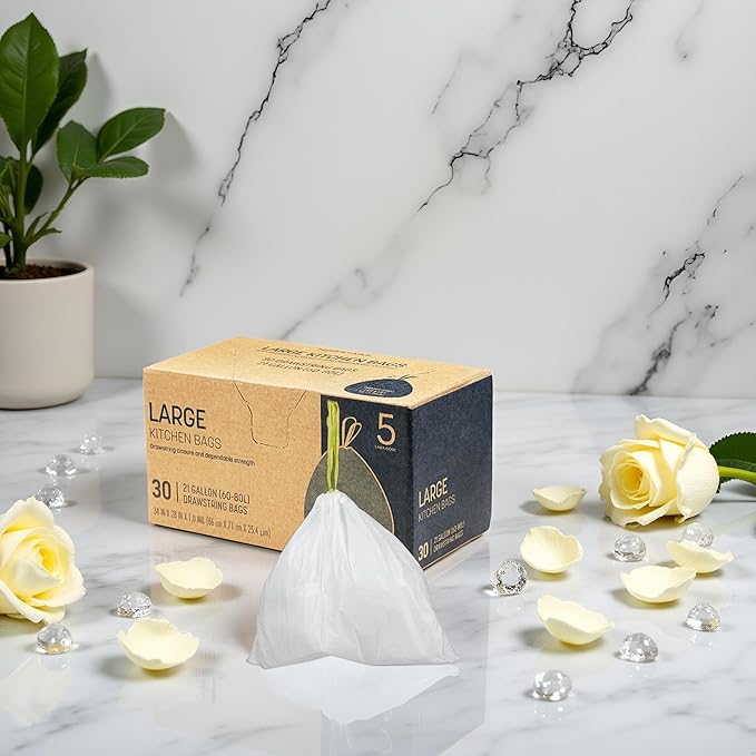 Trash Bags 30 Count White Drawstring Waste Bags | Leak-Resistant Tear-Resistant Unscented | For Bathroom Office Bedroom Bins (28.5×33.8in)