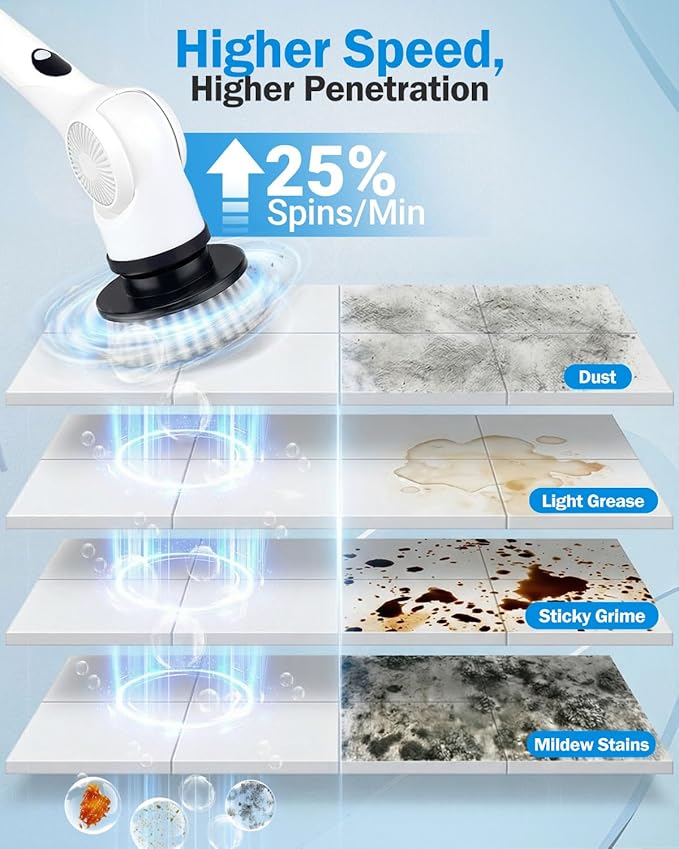 Electric Spin Scrubber 3-Speed Cordless Shower Scrubber with Long Handle &amp 10 Replaceable Brush Heads 90 Mins Runtime &amp Full-Body IPX7 Waterproof Shower Cleaner Brush for Bathroom Kithchen