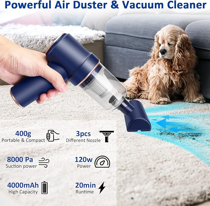 8Kpa Mini Handheld Vacuum Cleaner 120W High Power Cordless Keyboard Vacuum 2-in-1 Desk Vacuum &amp Air Duster with LED Light &amp Multi-Nozzles for Car Computer Sewing Machine