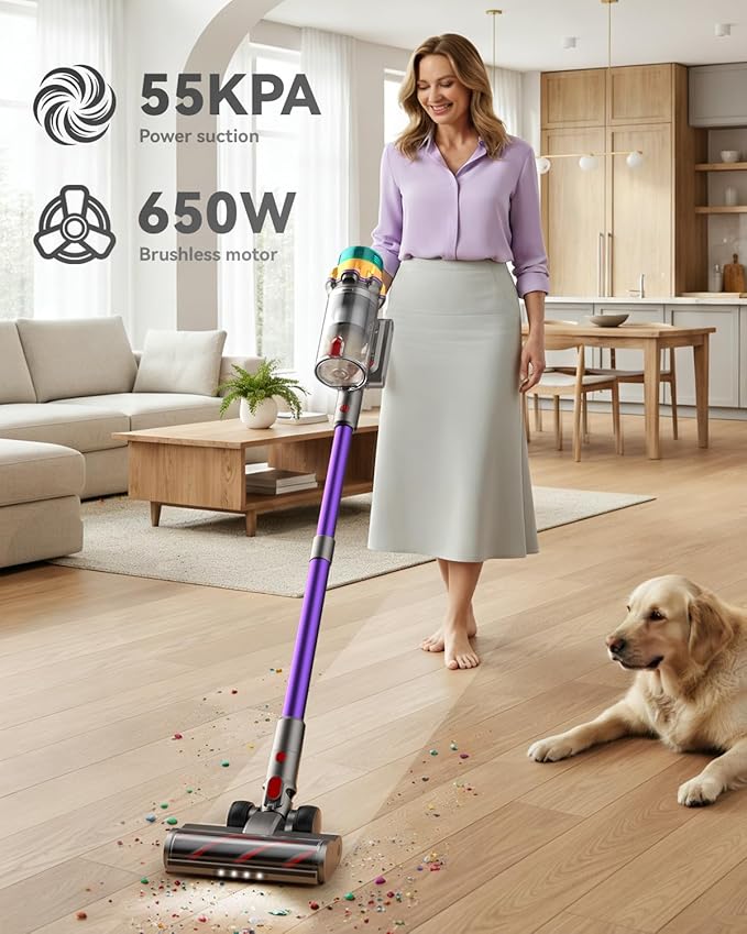 Cordless Vacuum Cleaner 55KPA 65Mins XL Dust Cup Vacuum Cleaners for Home Stick Vacuum with Anti-Tangle BrushLED DisplaySelf-Standing Vacuum Cordless for Hardwood Floor Carpet Pet HairPurple