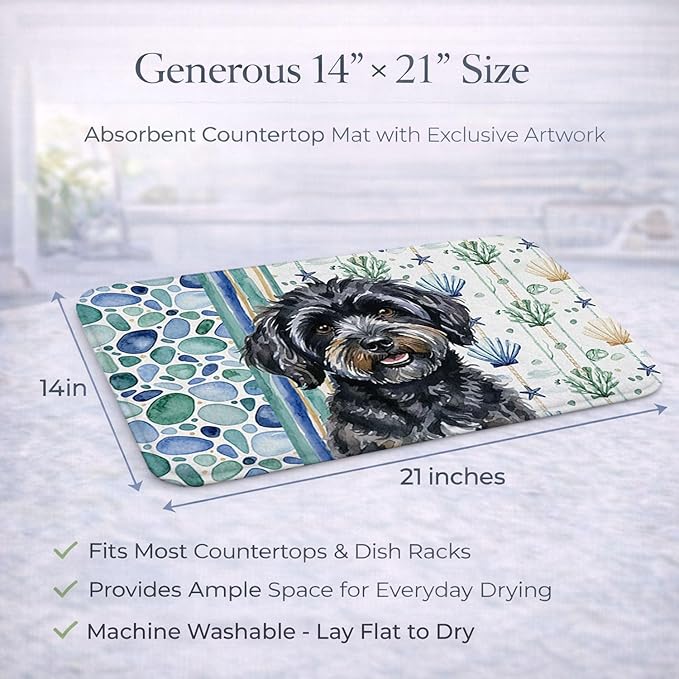 Caroline's Treasures Black Havanese Coastal Sea Glass Dish Drying Mat Absorbent Dish Drying Mat Pad for Kitchen Counter Dish Drainer Mat for Countertop 14 x 21 Multicolor