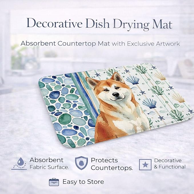 Caroline's Treasures Red Akita Coastal Sea Glass Dish Drying Mat Absorbent Dish Drying Mat Pad for Kitchen Counter Dish Drainer Mat for Countertop 14 x 21 Multicolor