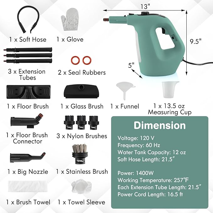 COSTWAY Handheld MultiPurpose Steam Cleaner with 17 Pieces 350ml Large Capacity Steam Mop Continuous Fill water Portable Chemical-Free Steamer for Home Use Floors Windows 1400W Green